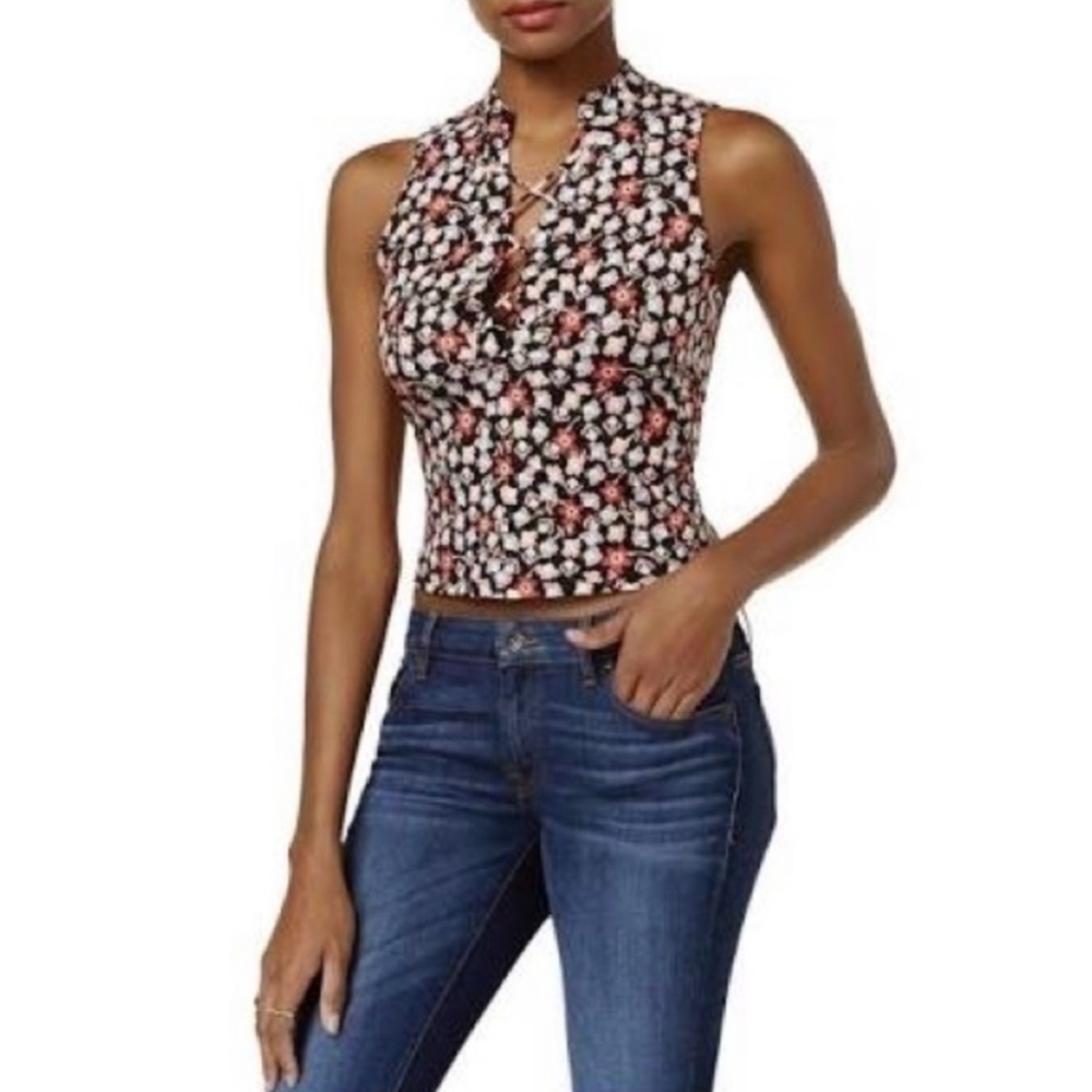 Guess Callista Lace-Up Floral Print Crop Top